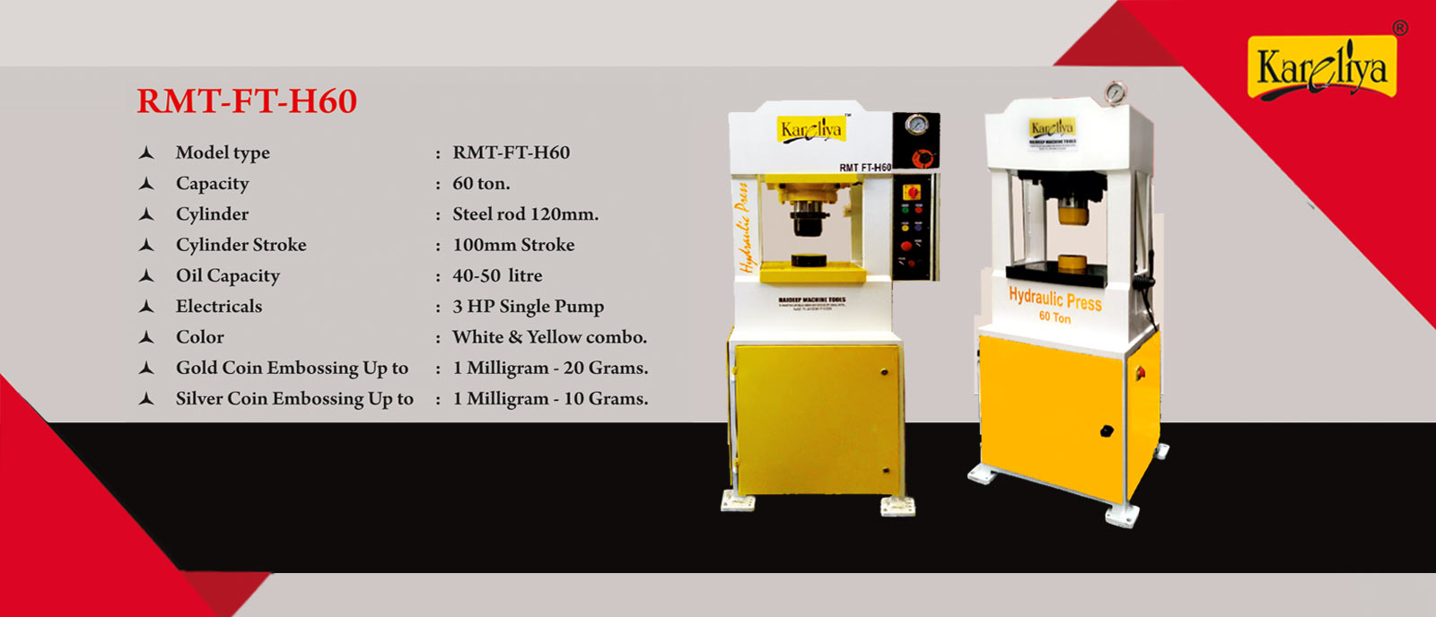 Gold Coin Bar Hydraulic Press Machine Manufacturers Rajkot Model H type 60 ton